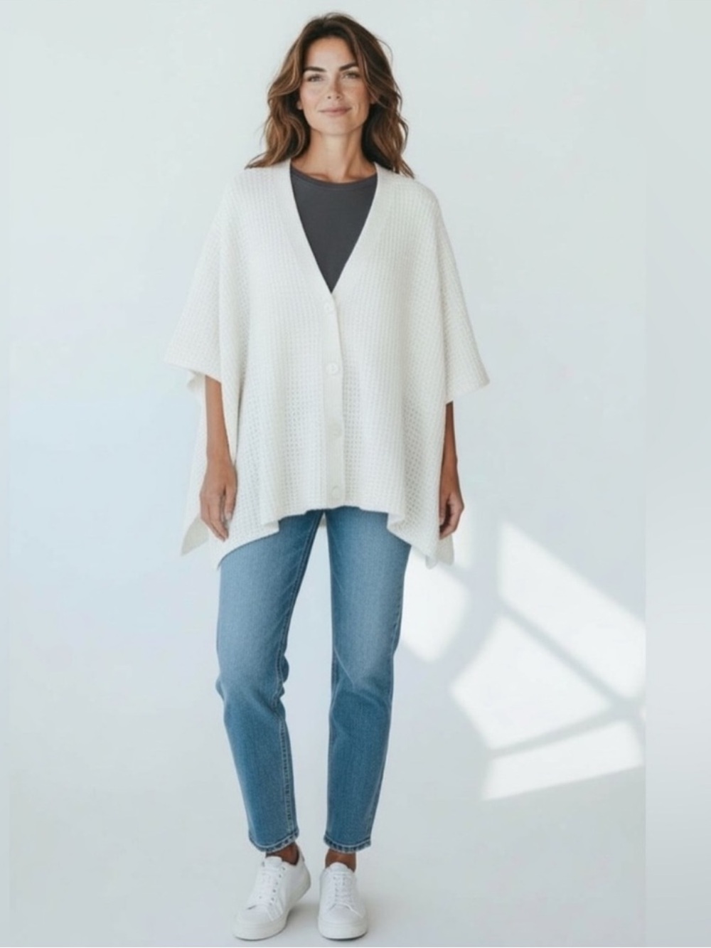 cupcakes & cashmere NWT cream knit Cabincore button front poncho cardigan OSFM